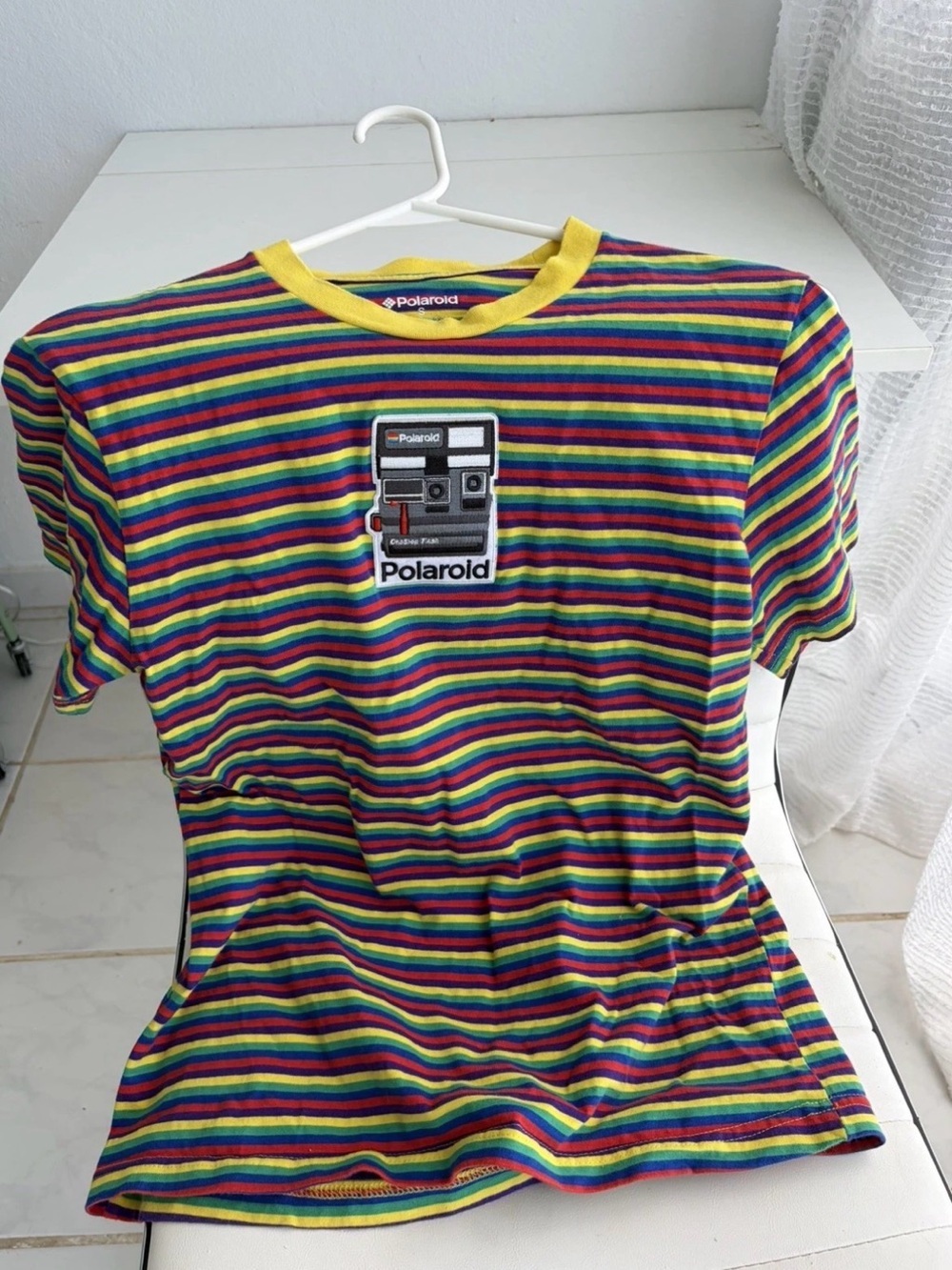 Polaroid Rainbow Stripe Graphic Tee Yellow Crew Neck Retro Y2K Skater Shirt S
